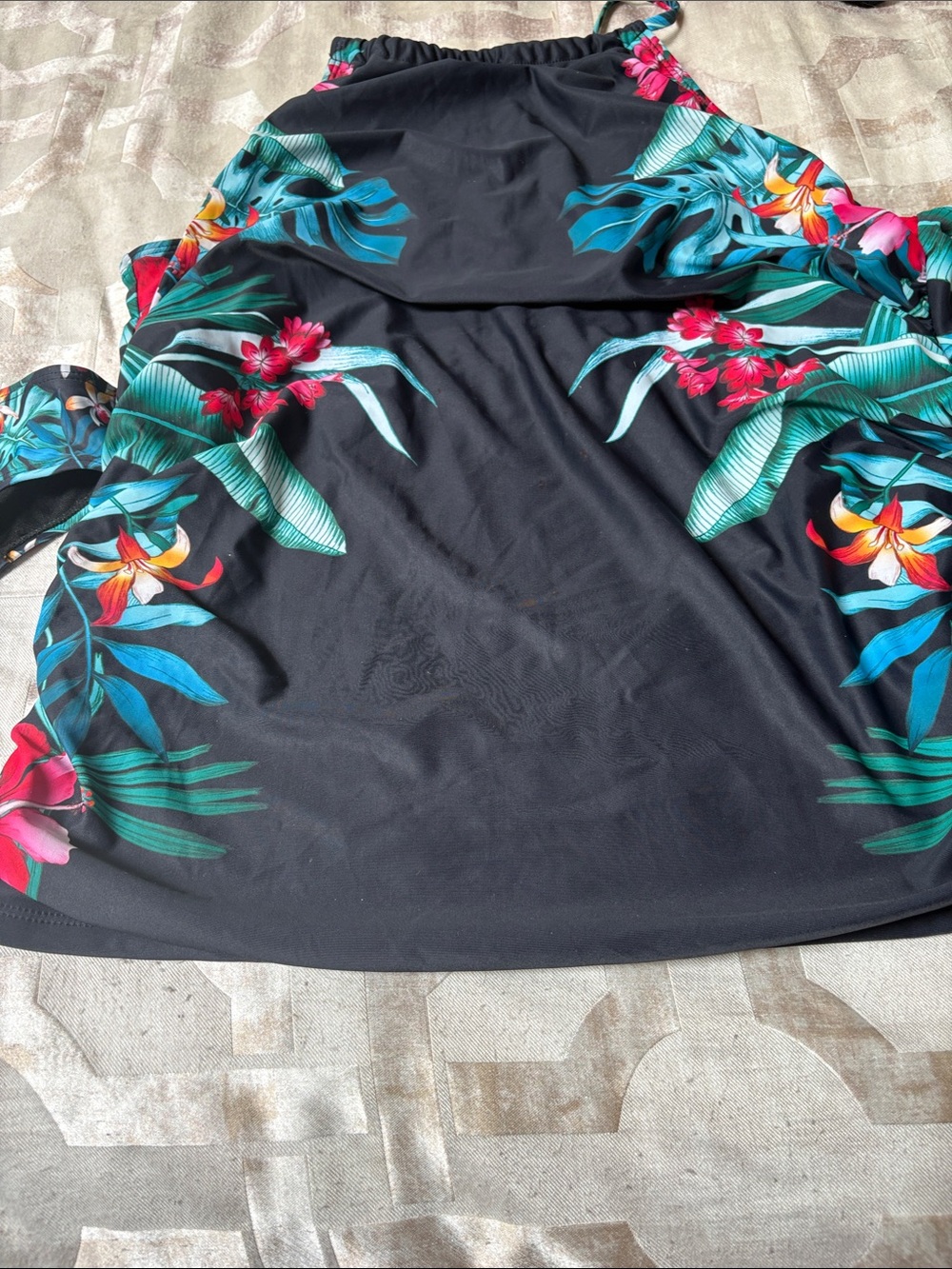 Tropical Floral One-Piece Swimsuit - Black with Teal & Pink Print